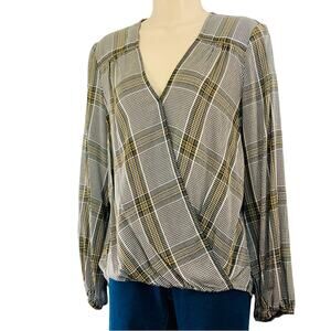Max Studios Black White Yellow Plaid Surplice V Neck Pop Over Top Long Sleeve